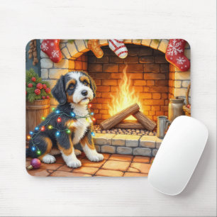 Bernedoodle Fireplace with Christmas Lights Mouse Pad