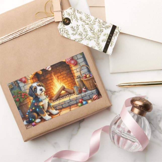 Bernedoodle Fireplace with Christmas Lights Sticker (Gifting)