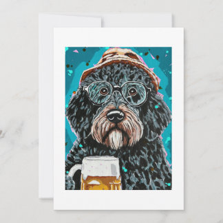 Bernedoodle holding a beer mug invitation