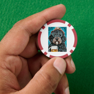 Bernedoodle holding a beer mug poker chips