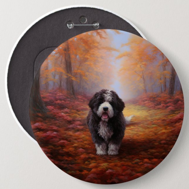 Bernedoodle in Autumn Leaves Fall Inspire  6 Inch Round Button (Front & Back)