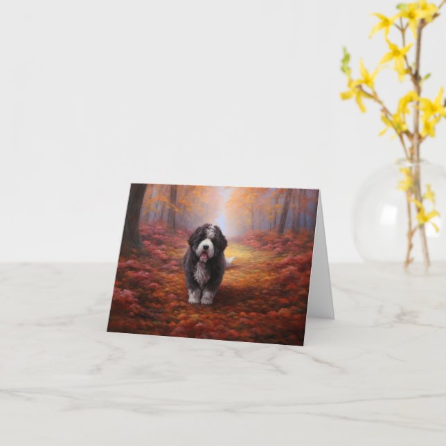 Bernedoodle in Autumn Leaves Fall Inspire  Card (Yellow Flower)