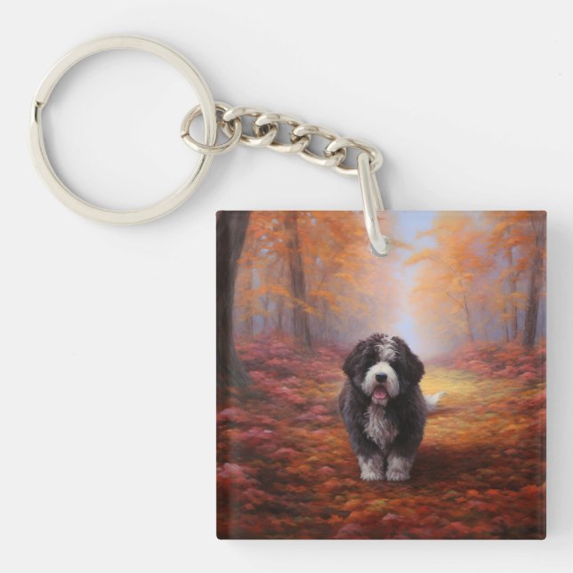 Bernedoodle in Autumn Leaves Fall Inspire  Keychain (Front)