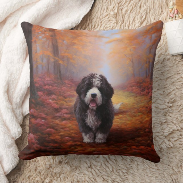Bernedoodle in Autumn Leaves Fall Inspire  Throw Pillow (Blanket)