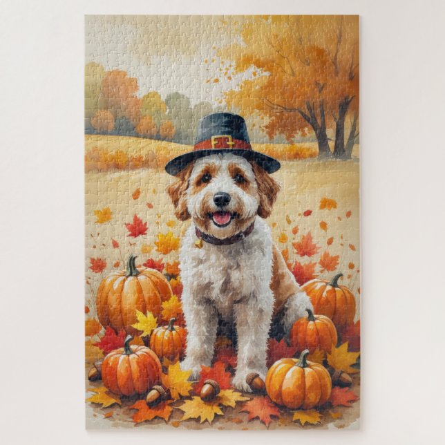 Bernedoodle In Autumn Leaves Thanksgiving Art  Jigsaw Puzzle (Vertical)