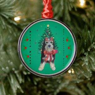 Bernedoodle in Christmas Outfit Rockin Round Tree Metal Ornament
