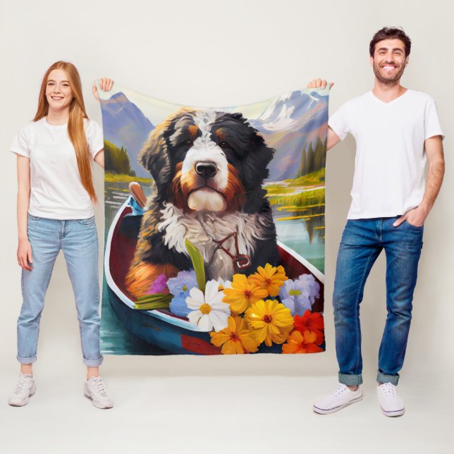 Bernedoodle on a Paddle: A Scenic Adventure Fleece Blanket (In Situ)