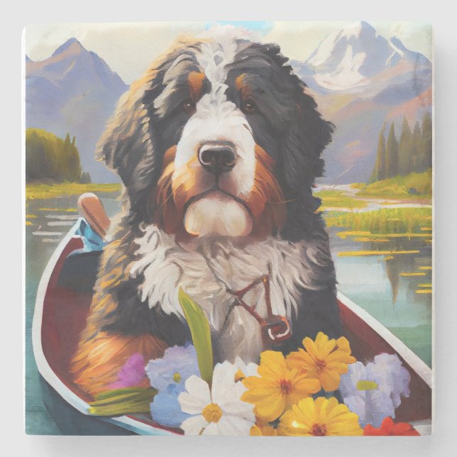 Bernedoodle on a Paddle: A Scenic Adventure Stone Coaster (Front)