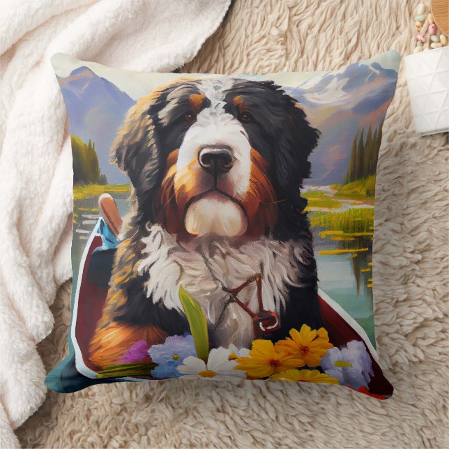 Bernedoodle on a Paddle: A Scenic Adventure Throw Pillow (Blanket)