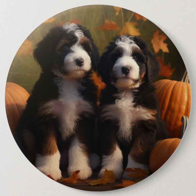 Bernedoodle Puppy Autumn Delight Pumpkin 6 Inch Round Button (Front)