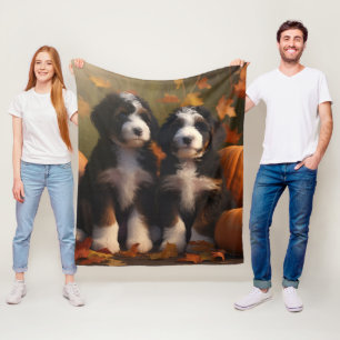 Bernedoodle Puppy Autumn Delight Pumpkin Fleece Blanket