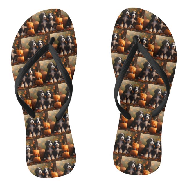 Bernedoodle Puppy Autumn Delight Pumpkin Flip Flops (Footbed)