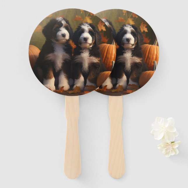 Bernedoodle Puppy Autumn Delight Pumpkin Hand Fan (Front and Back)