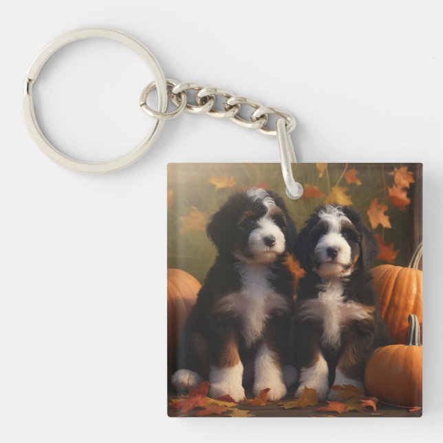 Bernedoodle Puppy Autumn Delight Pumpkin Keychain (Front)