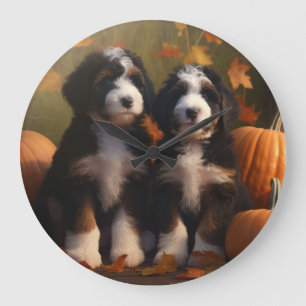Bernedoodle Puppy Autumn Delight Pumpkin Large Clock