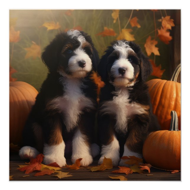 Bernedoodle Puppy Autumn Delight Pumpkin Poster (Front)