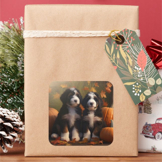 Bernedoodle Puppy Autumn Delight Pumpkin Square Sticker (Holiday)