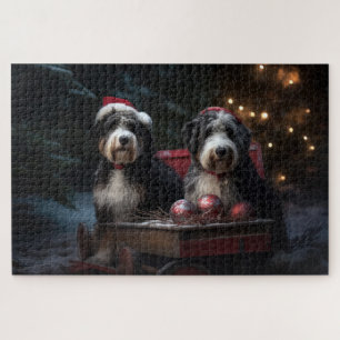 Bernedoodle Snowy Sleigh Christmas Decor   Jigsaw Puzzle