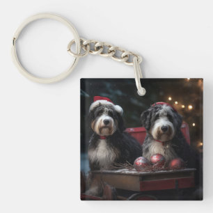 Bernedoodle Snowy Sleigh Christmas Decor Keychain