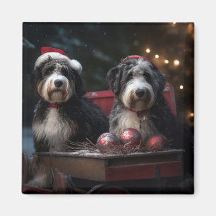 Bernedoodle Snowy Sleigh Christmas Decor   Magnet