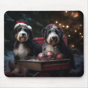 Bernedoodle Snowy Sleigh Christmas Decor   Mouse Pad