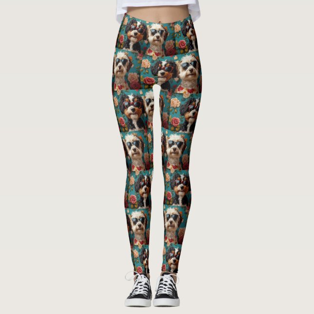 Bernedoodle With Heart Roses Valentine's Day  Leggings (Front)