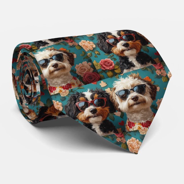 Bernedoodle With Heart Roses Valentine's Day  Tie (Rolled)