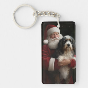 Bernedoodle with Santa Claus Festive Christmas  Keychain