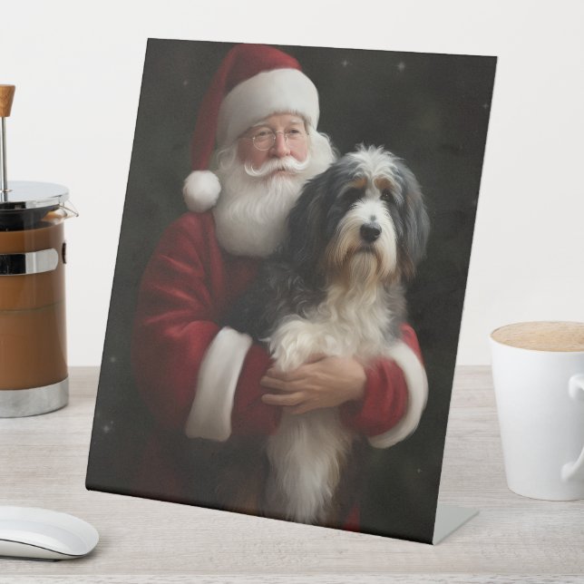 Bernedoodle with Santa Claus Festive Christmas  Pedestal Sign (In SItu)