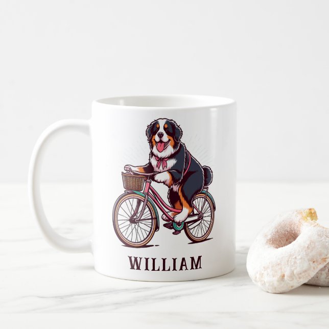 Bernese Dog Biker, Bike adventure Customized Name Coffee Mug (With Donut)