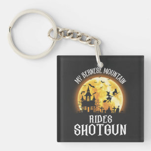 Bernese Dog Rides Shotgun, Halloween Spooky Dog Keychain