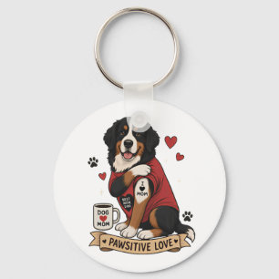 Bernese Dog with Tattoo Illustration I Heart Mom Keychain