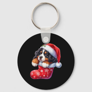Bernese In Sock Christmas Santa Hat Xmas Dog Lover Keychain