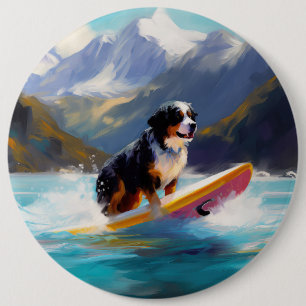 Bernese Mountain Beach Surfing Painting 6 Inch Round Button