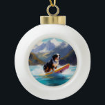 Bernese Mountain Beach Surfing Painting Ceramic Ball Christmas Ornament<br><div class="desc">Immerse yourself in the playful world of canine adventure with this captivating painting. A spirited dog takes to the waves, skilfully riding the surf on a sun-kissed beach. The vibrant artwork beautifully captures the essence of beachside excitement as the dog fearlessly rides the waves, embodying the spirit of fun and...</div>