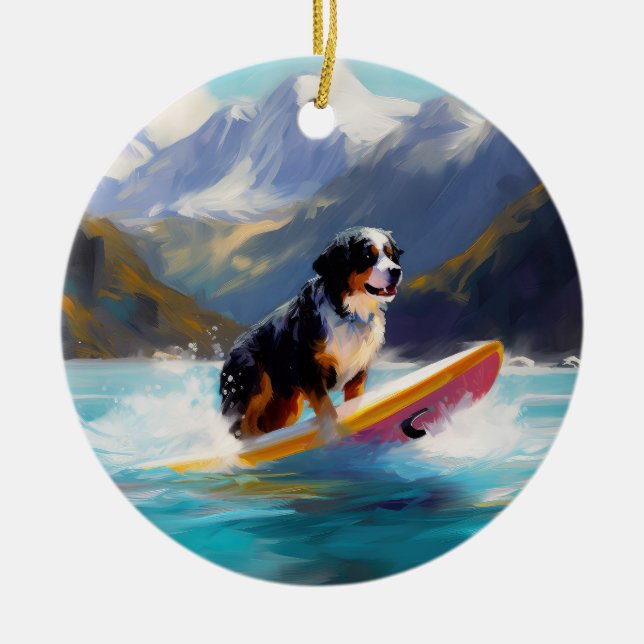 Bernese Mountain Beach Surfing Painting Ceramic Ornament (Front)