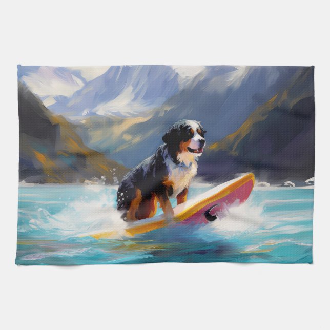 Bernese Mountain Beach Surfing Painting Kitchen Towel (Horizontal)
