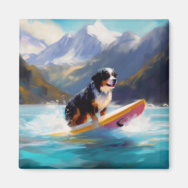 Bernese Mountain Beach Surfing Painting Magnet (Front)