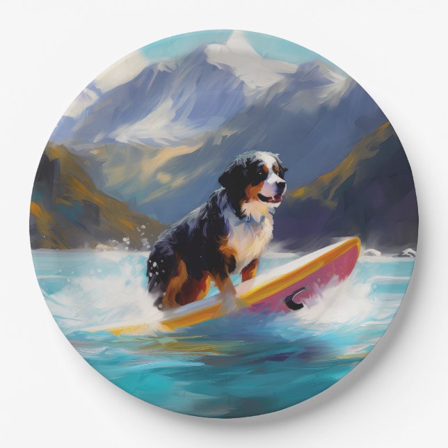 Bernese Mountain Beach Surfing Painting Paper Plate (Front)
