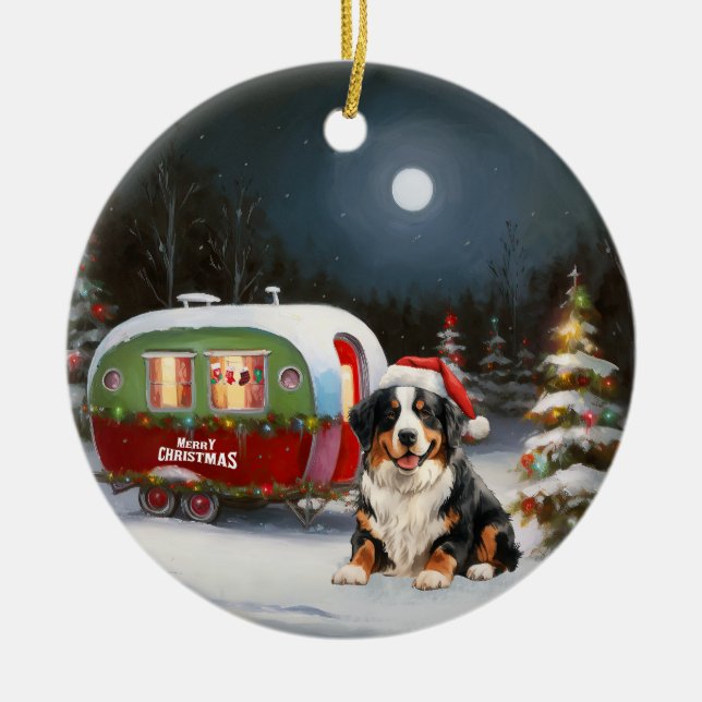 Bernese Mountain Caravan Christmas Adventure Ceramic Ornament (Front)