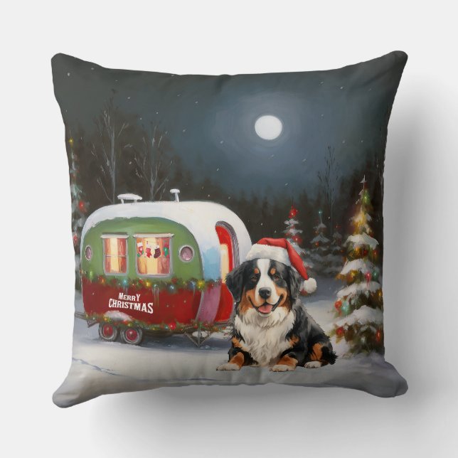 Bernese Mountain Caravan Christmas Adventure Throw Pillow (Back)