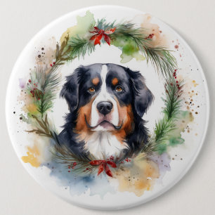 Bernese Mountain Christmas Wreath Festive Pup 6 Inch Round Button