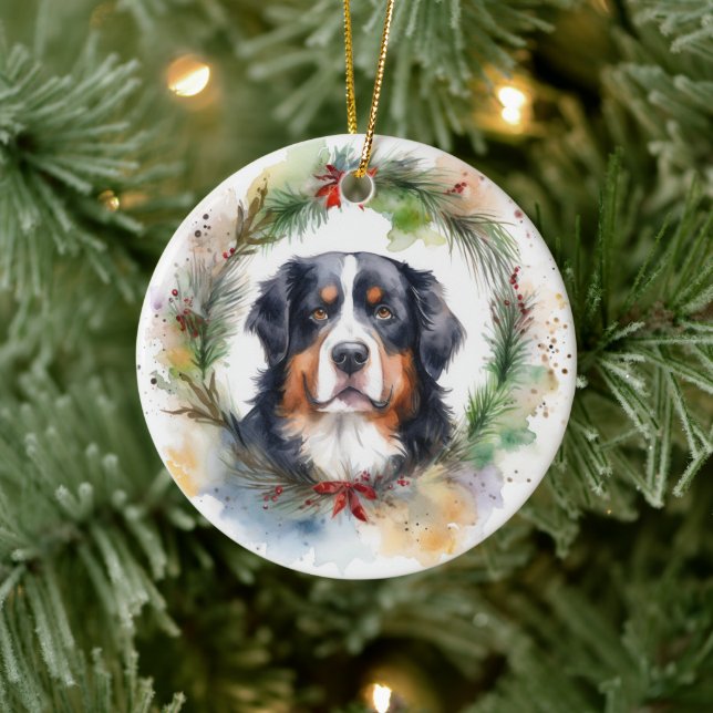 Bernese Mountain Christmas Wreath Festive Pup  Ceramic Ornament (Tree)