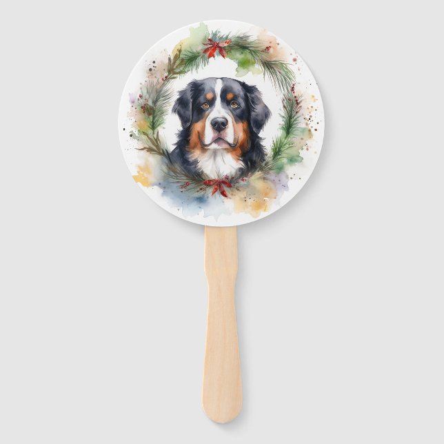 Bernese Mountain Christmas Wreath Festive Pup  Hand Fan (Front)