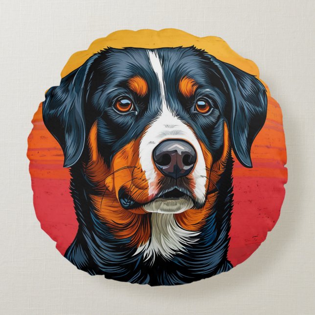 Bernese Mountain Dog Against Warm Sunset Colours Round Pillow (Front)