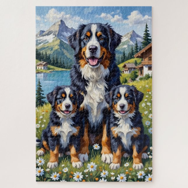 Bernese Mountain Dog Alpine Meadow Art Jigsaw Puzzle (Vertical)