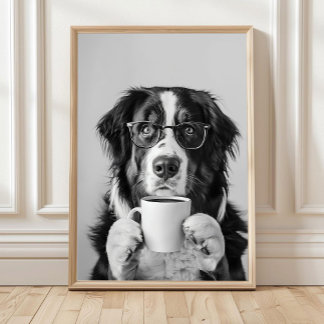 Bernese Mountain Dog and Coffee Wall Art, Black an Poster