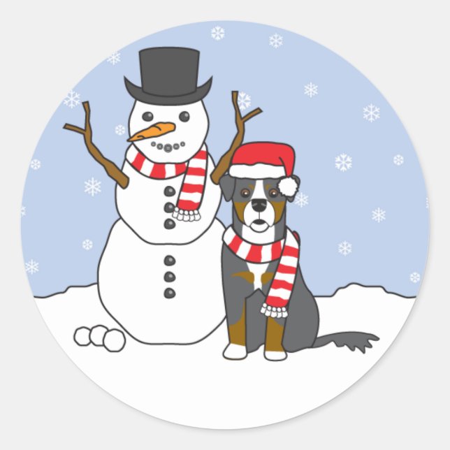 Bernese Mountain Dog and Snowman Classic Round Sticker (Front)