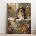 Bernese Mountain Dog Art, Bathroom Art Canvas Print<br><div class="desc">Art featuring a playful Bernese Mountain Dog enjoying a relaxing bath full of bubbles and beautiful flowers. This charming artwork adds a touch of warmth and personality to your space,  making it feel more inviting and joyful.</div>