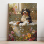 Bernese Mountain Dog Art | Bernese In Bathtub Canvas Print<br><div class="desc">Art featuring a playful Bernese Mountain Dog enjoying a relaxing bath full of bubbles and beautiful flowers. This charming artwork adds a touch of warmth and personality to your space,  making it feel more inviting and joyful.</div>